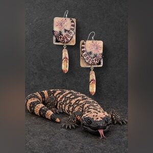 Handpainted Gila monster beaded lizard reptiles feather charm flower OOAK